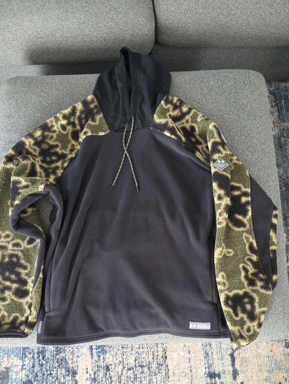 Under Armour Black Fleece Crewneck Hoodie with Olive Camo Sleeves